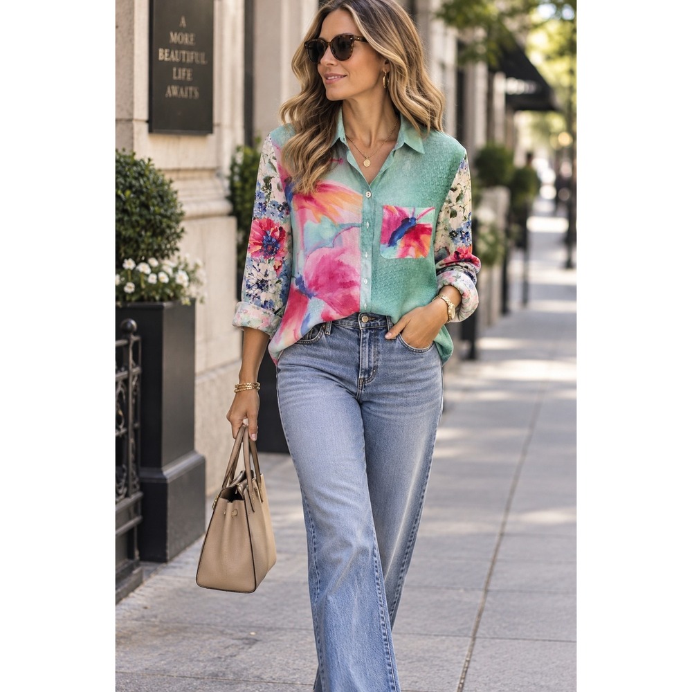 John Mark Mixed-Print Button-Front Artsy Colorful Tunic M